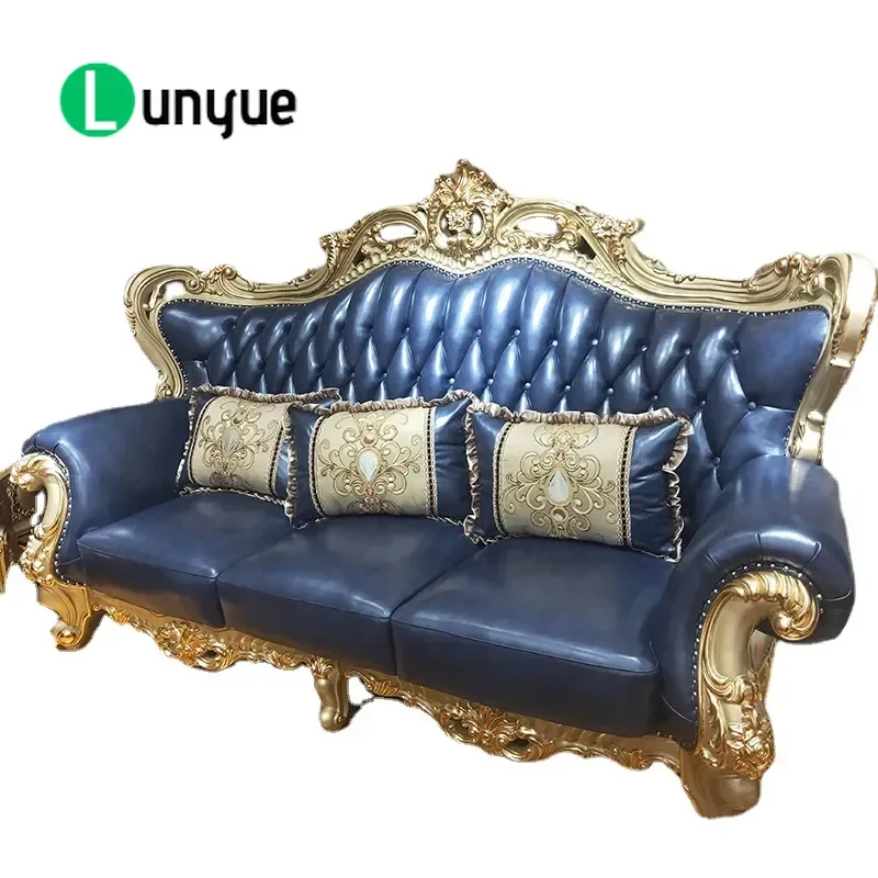 European Leather Sofa Solid Wood Carving High End 124 Combination Large Apartment Living Room Furniture Champagne Gold Blue