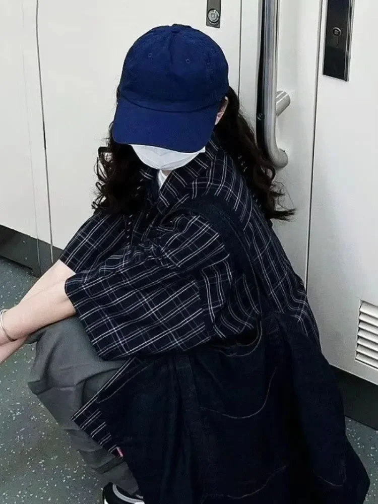 

2025 Summer Vintage Black Plaid Loose Women Blouse Y2k Aesthetic Pocket Oversized Blusas Harajuku Single Breasted Grunge Shirt