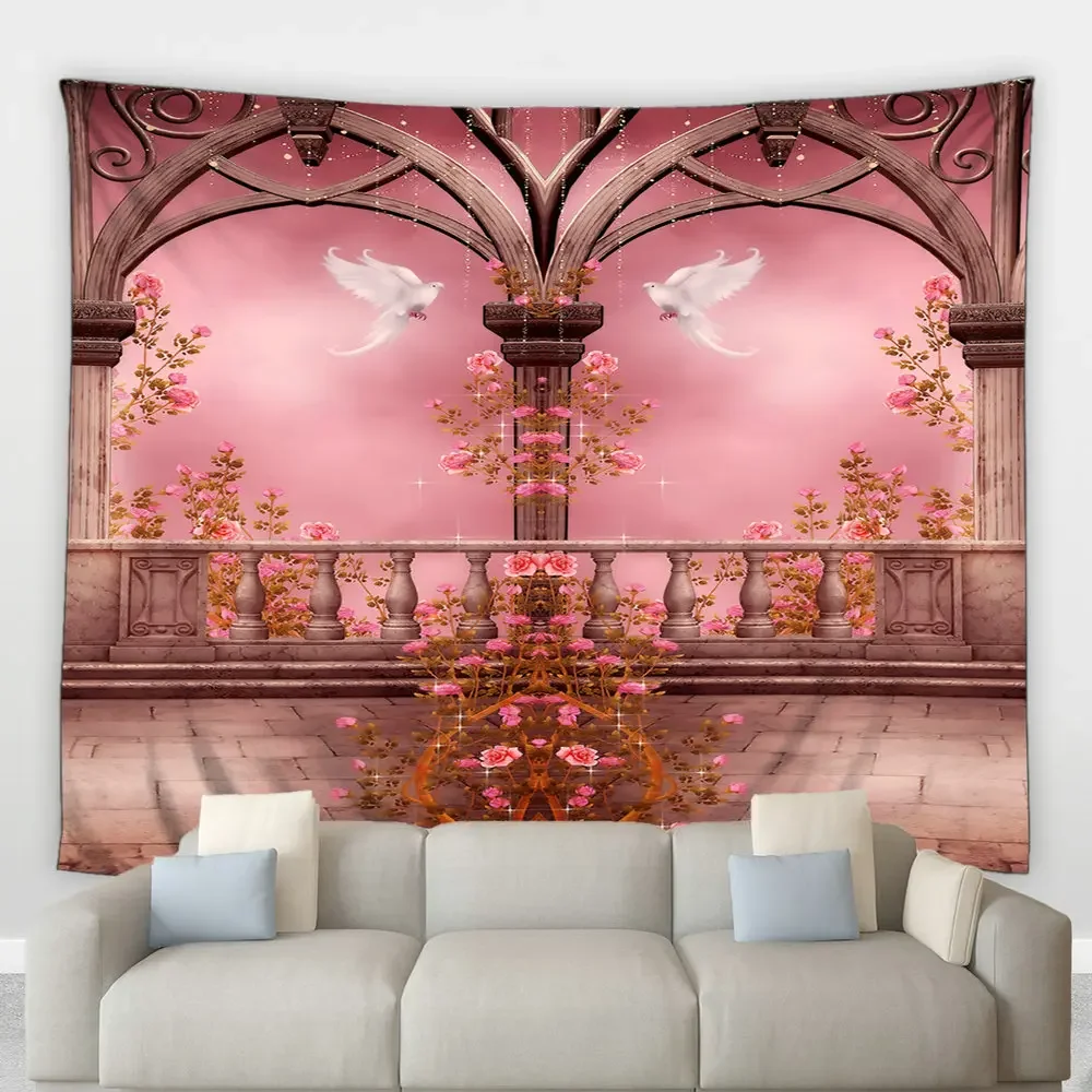 Pink Aesthetic Tapestry Arched Building Doors Windows Plants Flowers Vines Psychedelic Hippie Wall Hanging Bedroom Home Decor