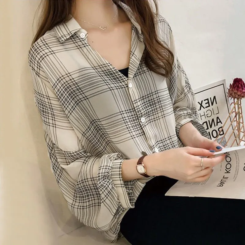 Summer Sunscreen Shirt Elegant Grid Thin Chiffon Blouse Korean Harajuku See Through Loose Top Casual Women's Cardigan Top NS5804