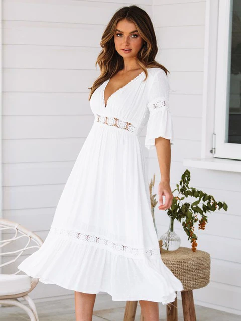 Long White Dresses Women Boho | Casual Long White Summer Dresses - Summer Casual  Long - Aliexpress