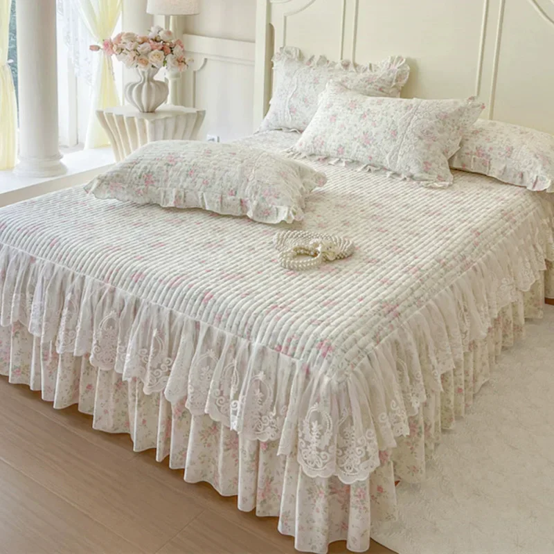 Princess Style Floral Pure Cotton Lace Clip Cotton Bed Skirt Four Season Universal Three Piece Set Beds Covers with Skirt Edge