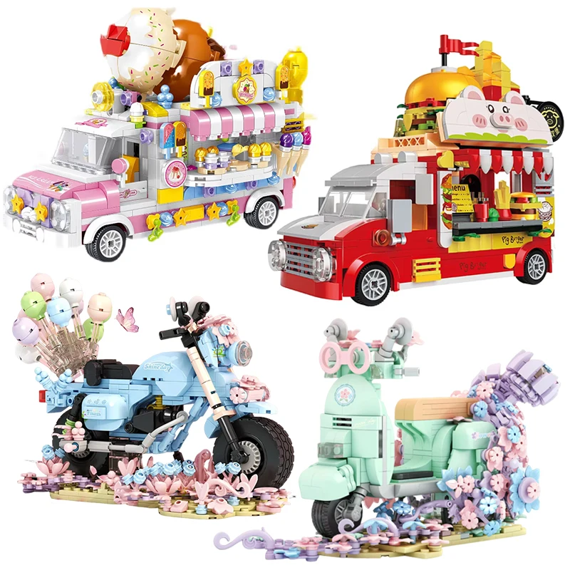

Mini Piggy Burger Van Ice Cream Truck Building Blocks Pink Flowers Motorcycle Holiday Motorbike Vehicle Assemble Bricks Toy Gift