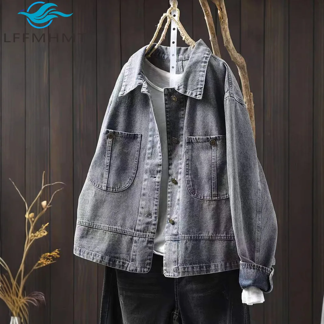 

Весенняя модная винтажная хлопковая свободная женская джинсовая куртка с двойным карманом и длинными рукавами, повседневная одежда с отложным воротником, пальто
