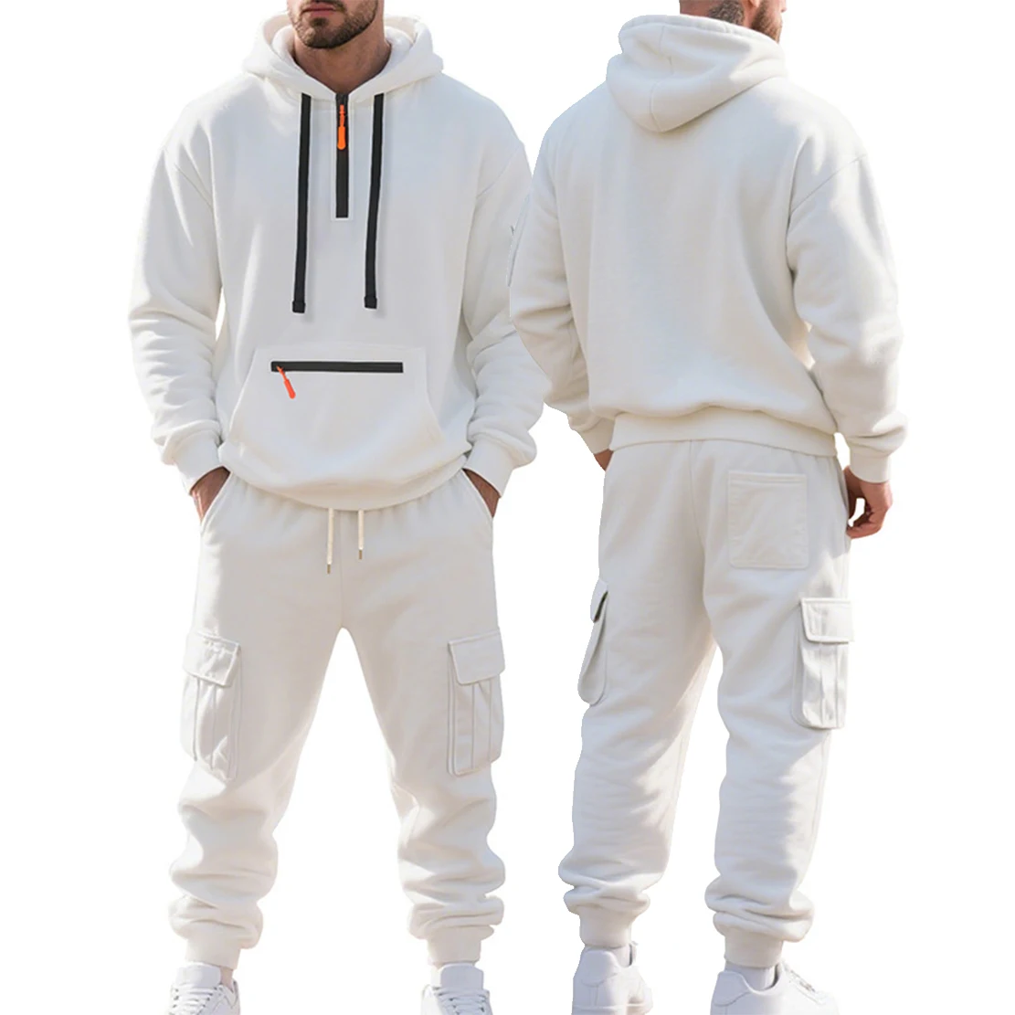 New Autumn And Winter Men's Fleece Hooded Sweatshirt, Workwear, Long Pants Set, Sports and Leisure Multi Pocket 2-Piece Set