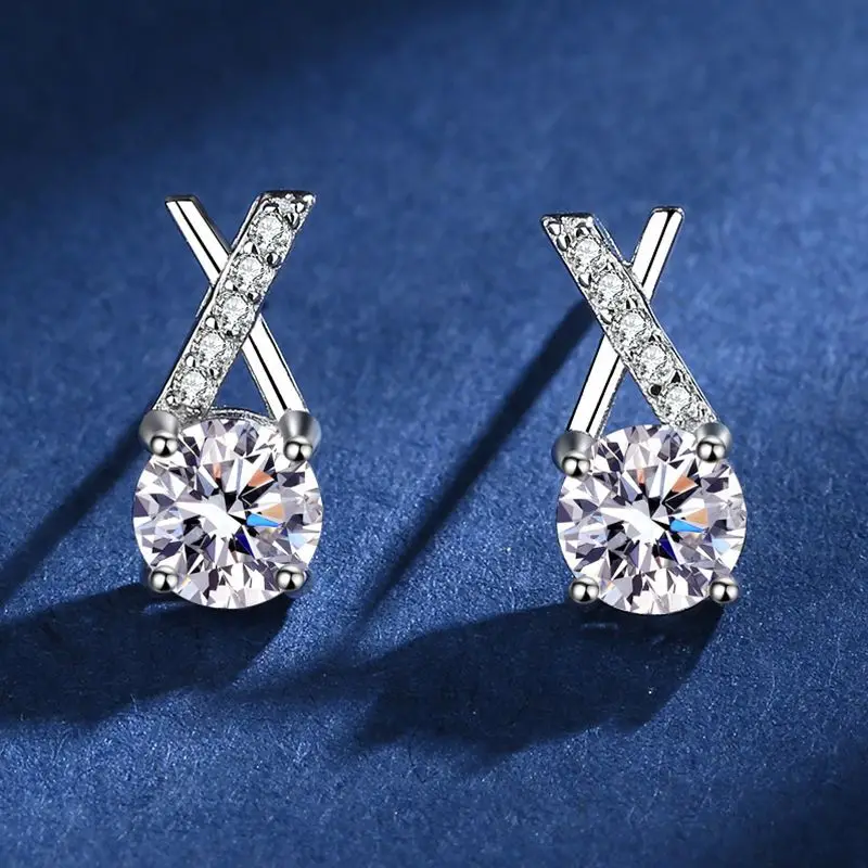 S925 Silver Stud Earrings for Women 0.5ct Moissanite Diamond Letter X-Shape Wedding Pendant Earrings