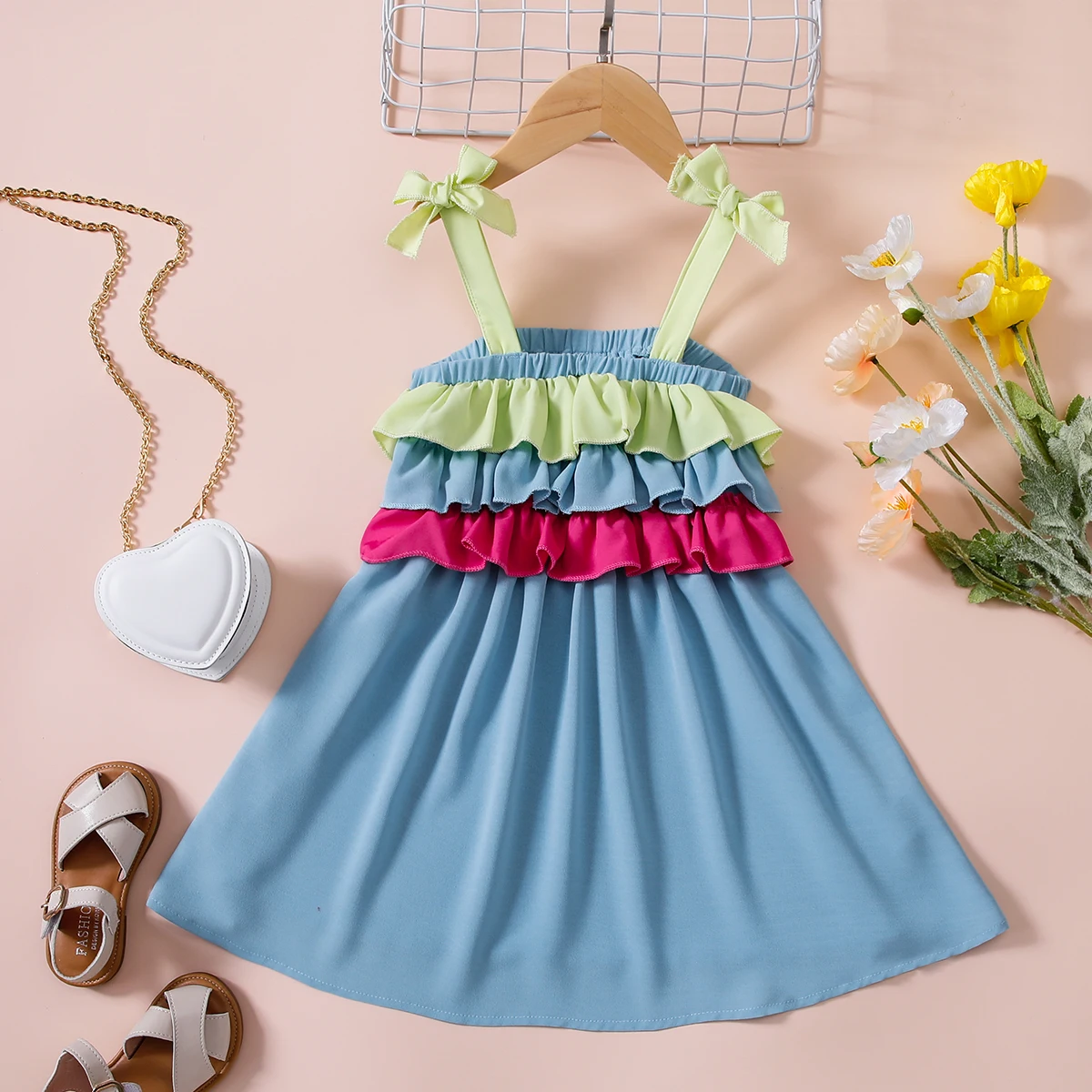 Summer Rainbow Layered Hem Lace Girls Dress Macaron Color Butterfly Knot Strapless Breathable Princess Style Children's Skirt