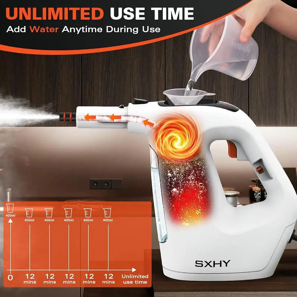 Handheld Steam Cleaner 400ml Continuous Steam Lock Pressurized Multi Surface Steamer Multi Purpose Home Kitchen Car Cleaning