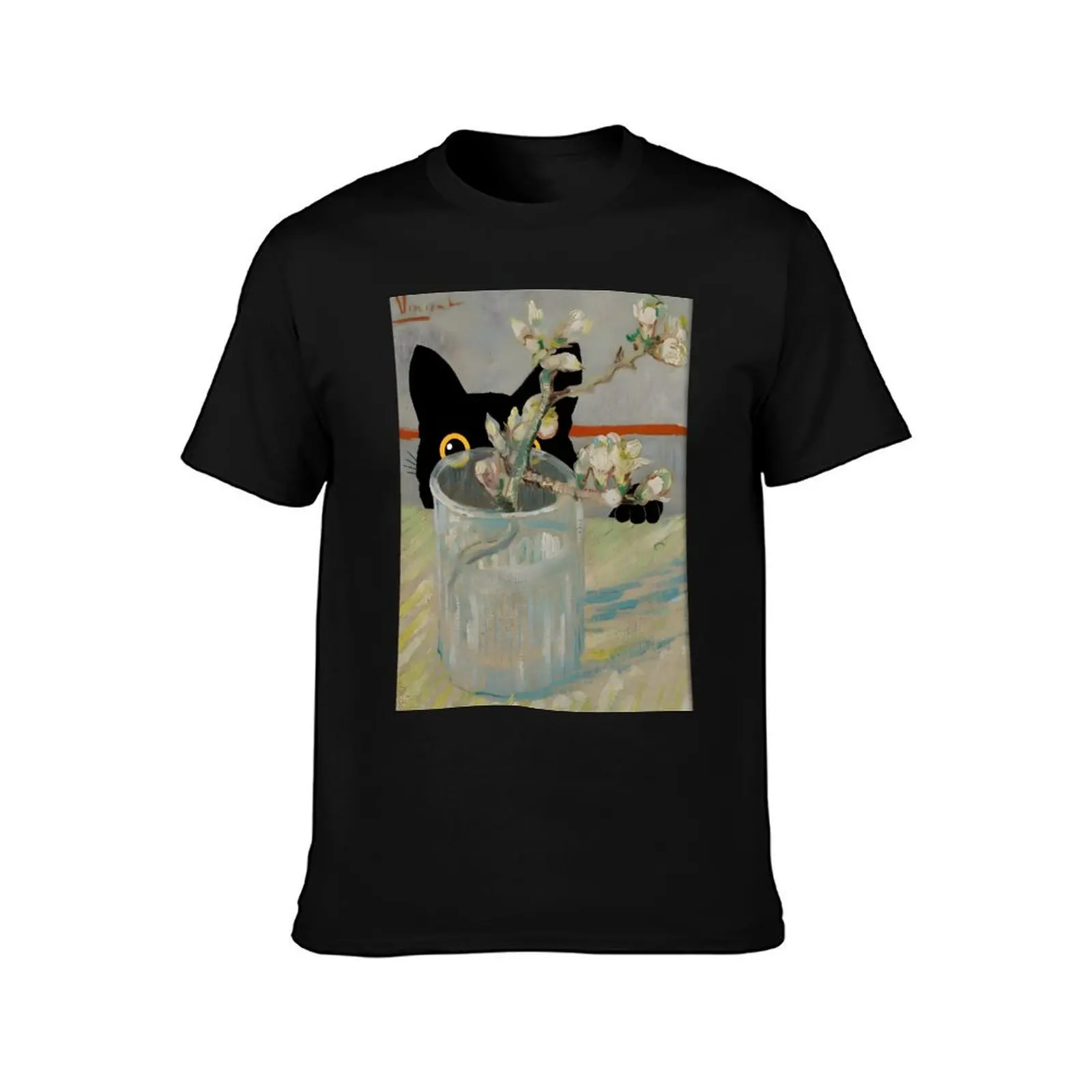 Black Cat Print Van Gogh Still Life T-Shirt Basic Solid Color Short Sleeve Cotton Top T-Shirt
