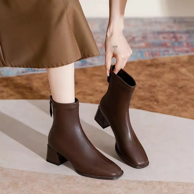 

Французские ботильоны женские осень/зима 2025, новые универсальные ботильоны на массивном каблуке с квадратным носком