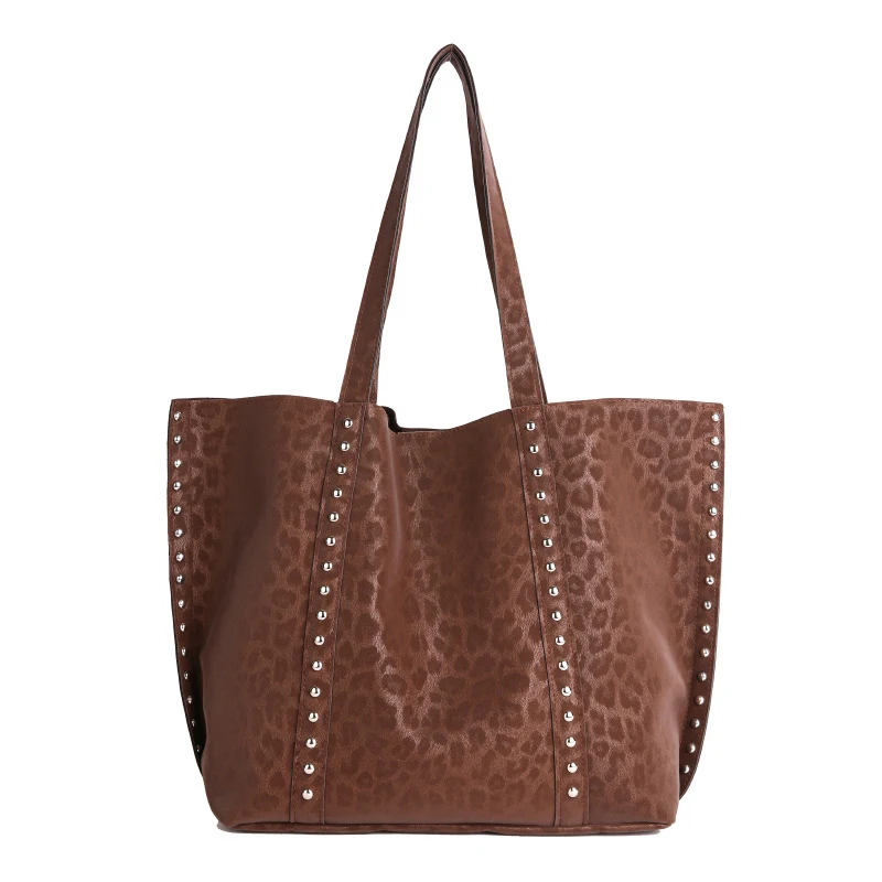 Leopardenmuster Mattierte Wildleder-Schultertasche mit Nieten, Damen Handtasche mit Metallnieten, Vintage Große Kapazität Herbst-Winter-Handtasche – Detail 1