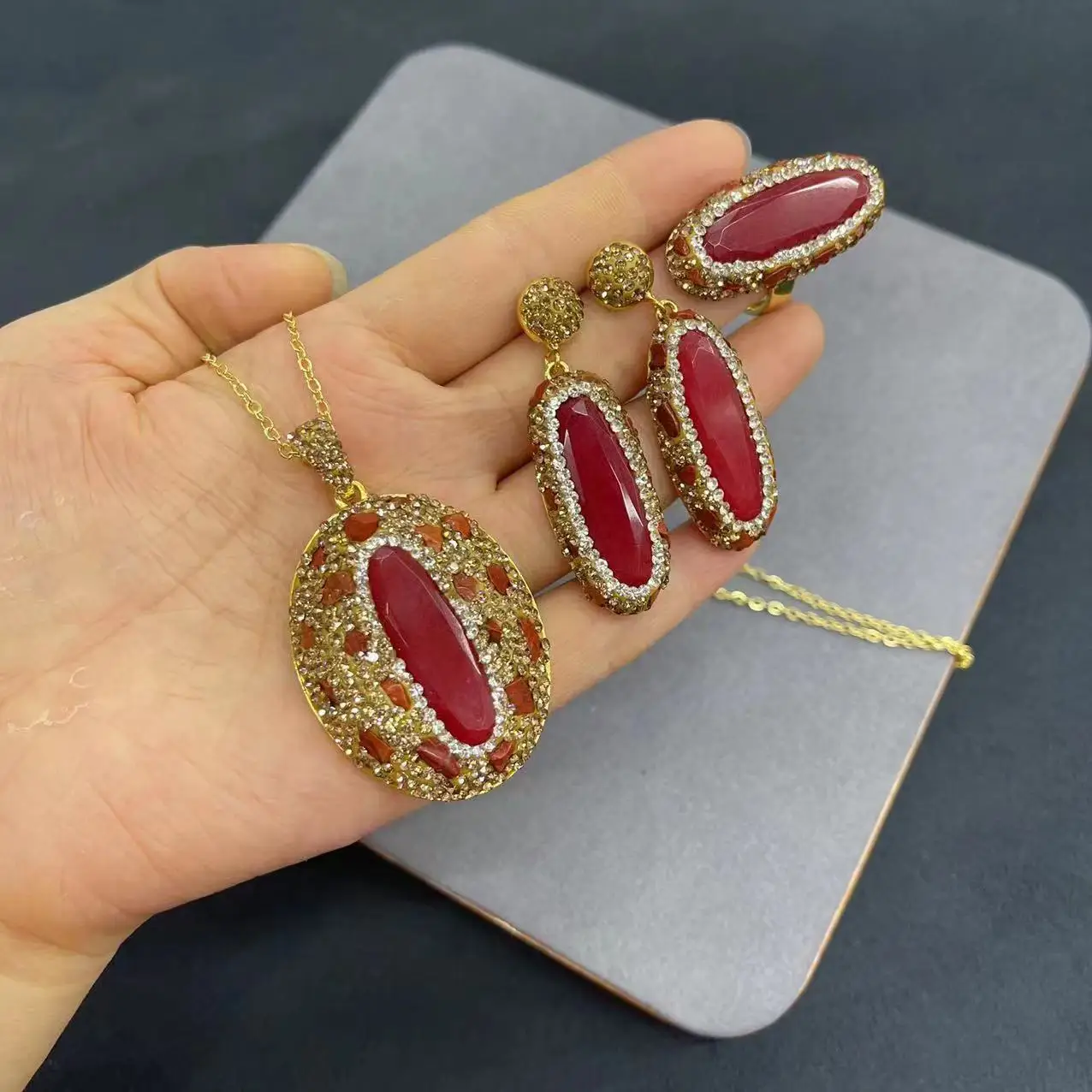 DIY accessories Natural gemstone Malay jade tourmaline rough stone jewelry set retro fashion light luxury jewelry cross-border w