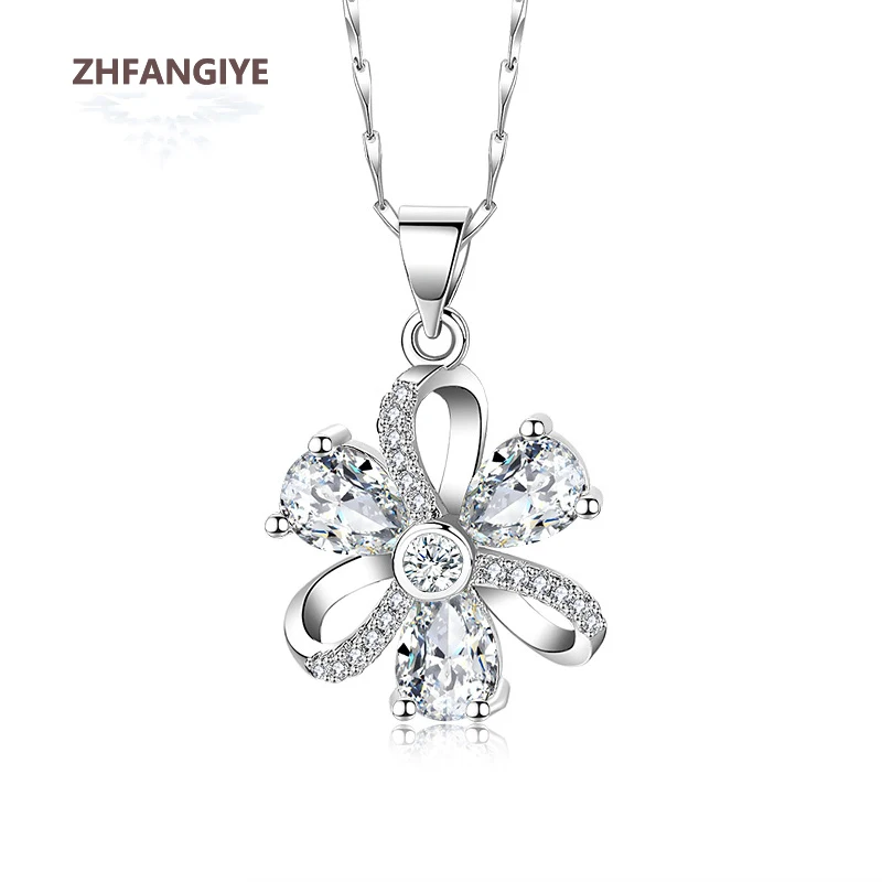 

ZHFANGIYE Silver 925 Jewelry Necklace with Zircon Gemstone Flower Shape Pendant Accessories for Women Wedding Party Bridal Gift