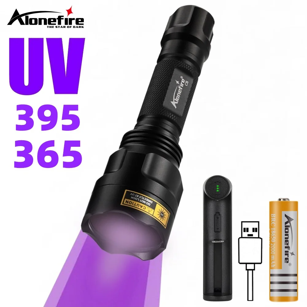 C8LGUV 365nm UV Flashlight Ultraviolet Blacklight Invisible Ink Marker Cat Dog Urine Ore Money Scorpion 395nm Torch Detector