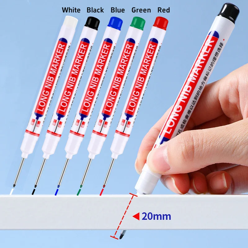 2Pcs Long Nib Markers Pen White/Red/Black/Blue/Green Waterproof Ink for Wood Metal Industral Multi-purpose Deep Hole Marker Pens