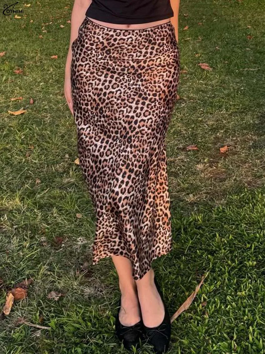 

Oymimi Fashion Brown Print Women's Skirt Elegant Mid Waisted Straight Slim Skirts Autumn New Zipper Mid-Calf Skirts Streetwear