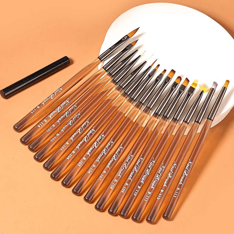 Sweet-Z 12Pcs Simple Nail Brush Transparent brown color Handle Painting Drawing Flower Brush Edge Hook Uv Gel Nail Brush Tools