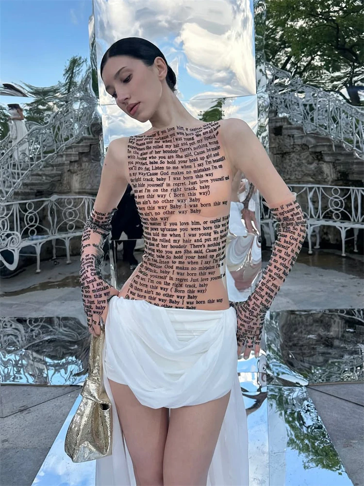 Taruxy Mesh Letter Printed T-shirt Women O-Neck See Through Sexy Tank Tops With Golve High Street Basic Slim Y2K Top Tee Shirts