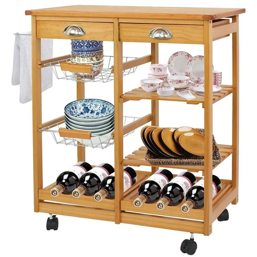 

Rolling Wood Kitchen Cart Storage Trolley Cart Rack Countertop, Natural