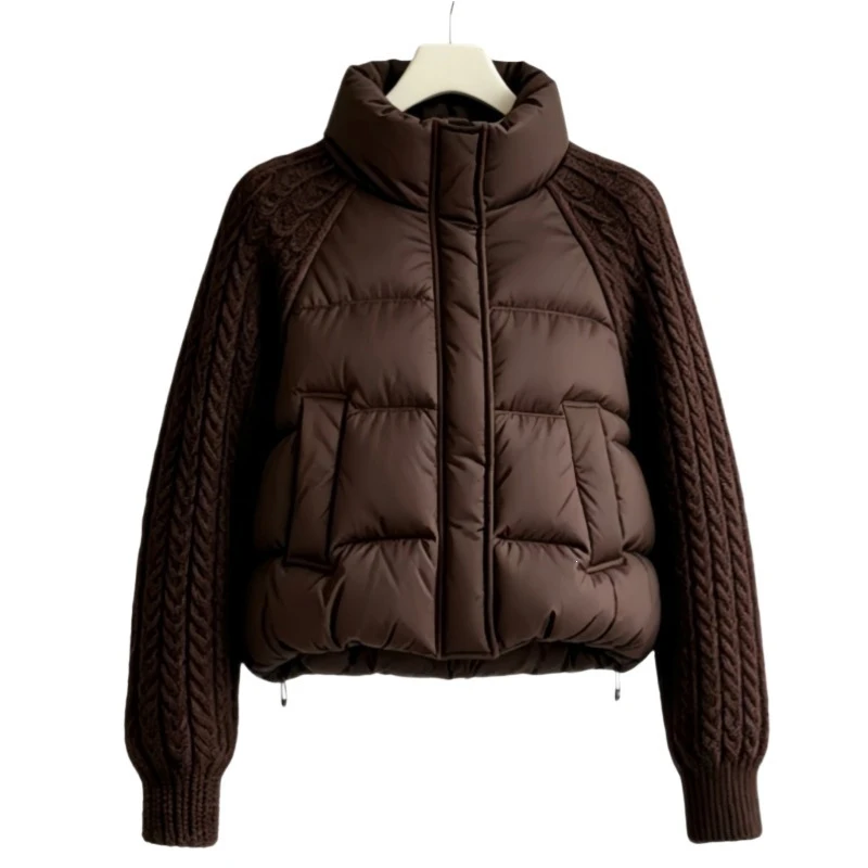 KUCLUT 2026 Winter New Fashion Knitted Patchwork Sleeve Short Cotton Jacket For Women Stand Collar Loose Short Coat 1A4295