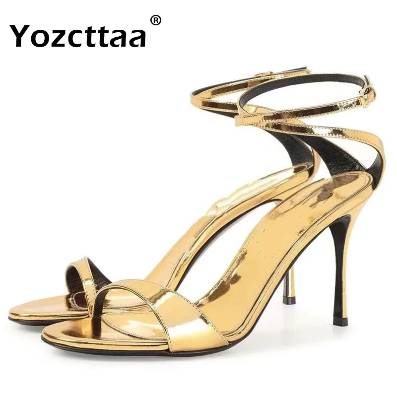 Yozcttaa Size 34-45 Women Ankle Strap Sandals Real Leather Stiletto High Heels Summer Shoes 2025 Gold Party Wedding Sandalias