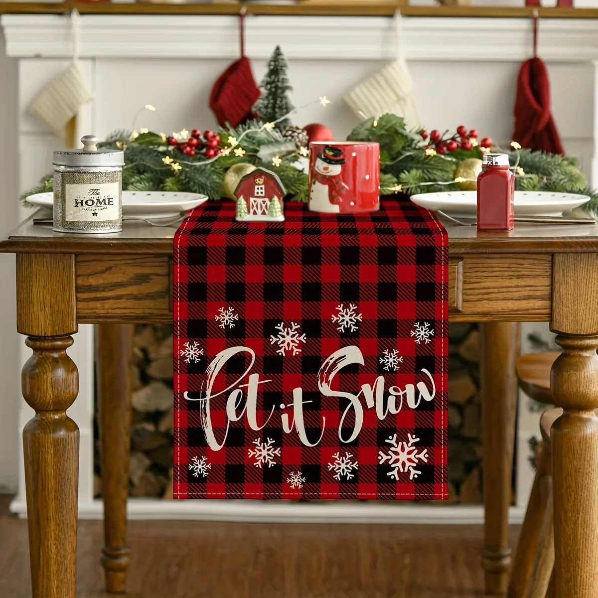 1pc Winter Red And Black Plaid Snowflake Table Runner Christmas Kitchen Decoration Party Decoration