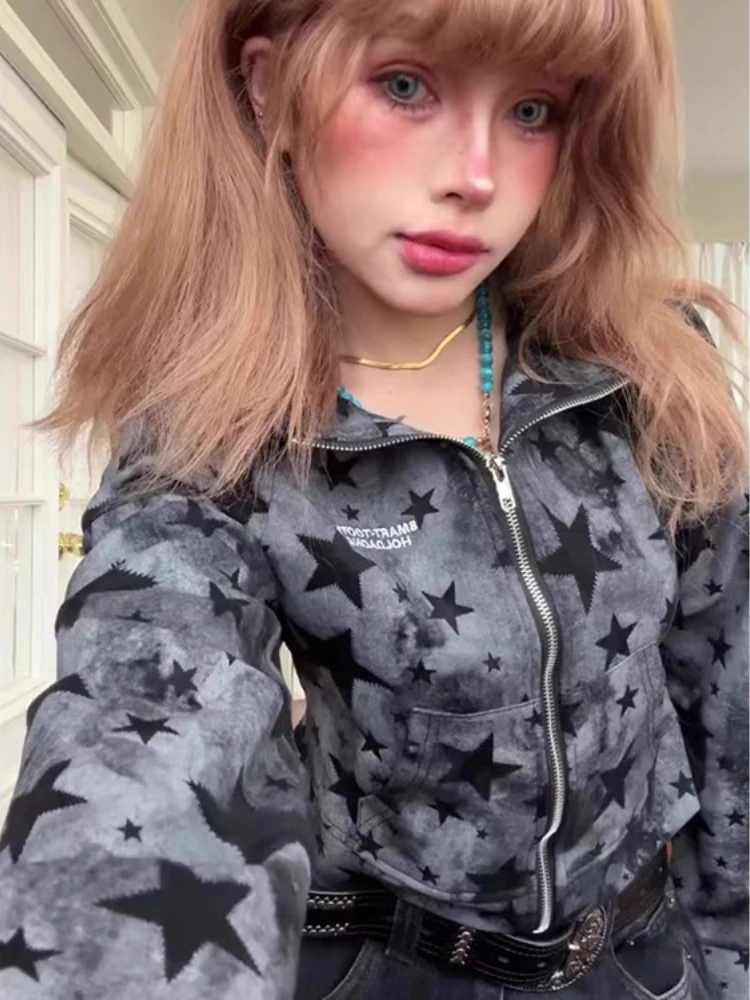 Frauen American Retro Star Print Jacke Süße Hot Girl Kurze Hoodie Herbst Winter Y2k Harajuku Street Fashion Mit Kapuze Sweatshirt