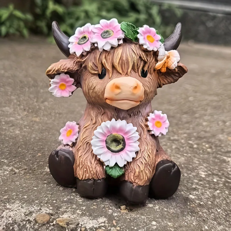 1PC Highland Cow Figurine, Resin Animal Statue, Cute Cow Garden Decor, Farmhouse Style Ornament, Rustic Home Decoration