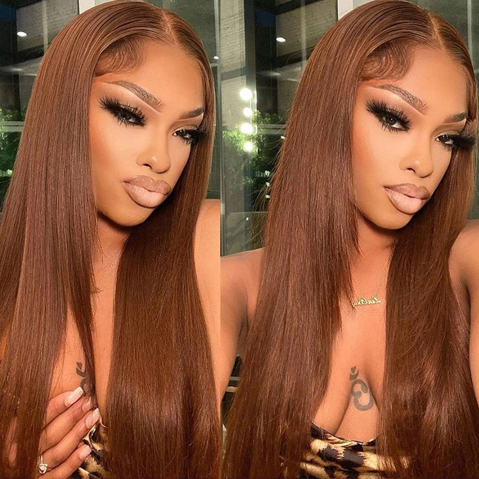 13x4 Brown Lace Front Human Hair Wigs Pre Plucked With Baby Hair Chocolate Color Bone Straight Human Hair Lace Frontal Wigs