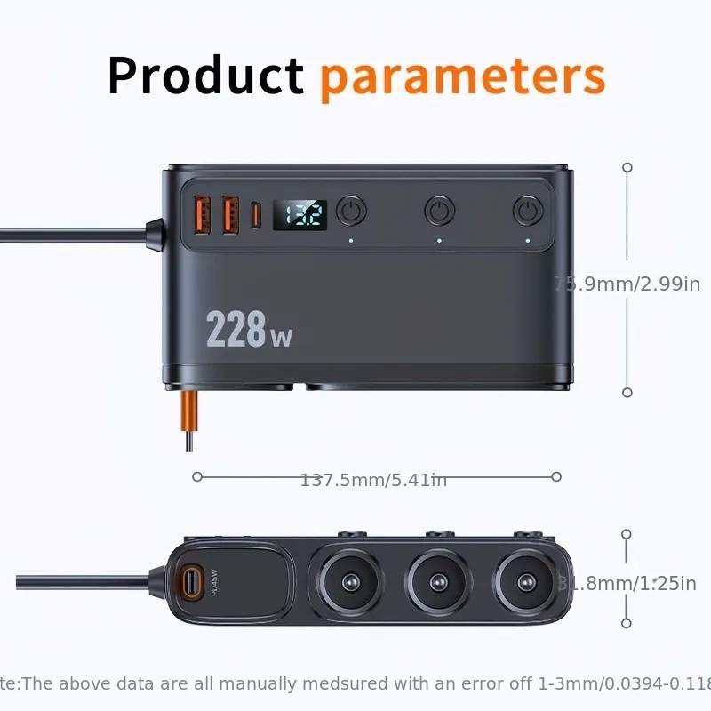 Автомобильное зарядное устройство мощностью 228 Вт от одного до трех |   Экранный дисплей |   Авто зарядное устройство |   Многопортовый 9-в-1 с PD/QC 3.0 |   Независимый переключатель