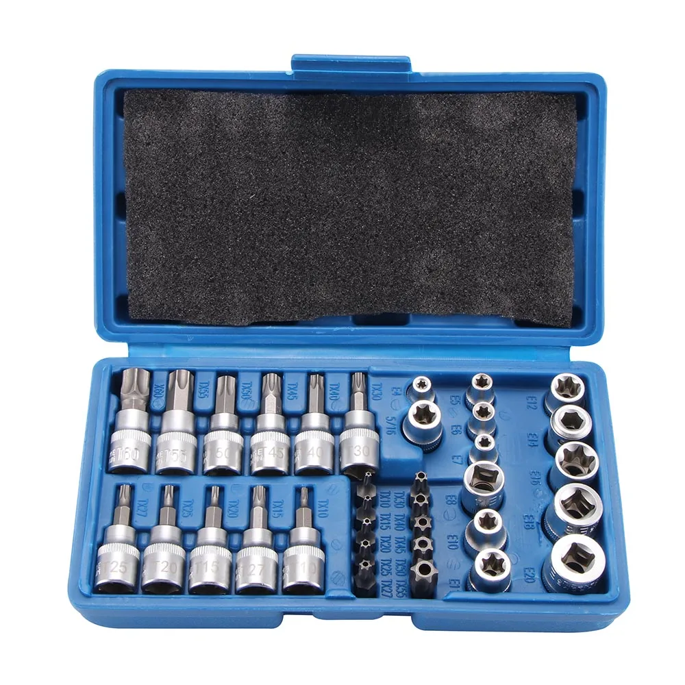 1 conjunto novo 34 peça torx estrela soquete hexagonal chave conjunto de unidade bit soquete azul à prova de adulteração ferramentas manuais ferramenta reparo do carro dropshipping