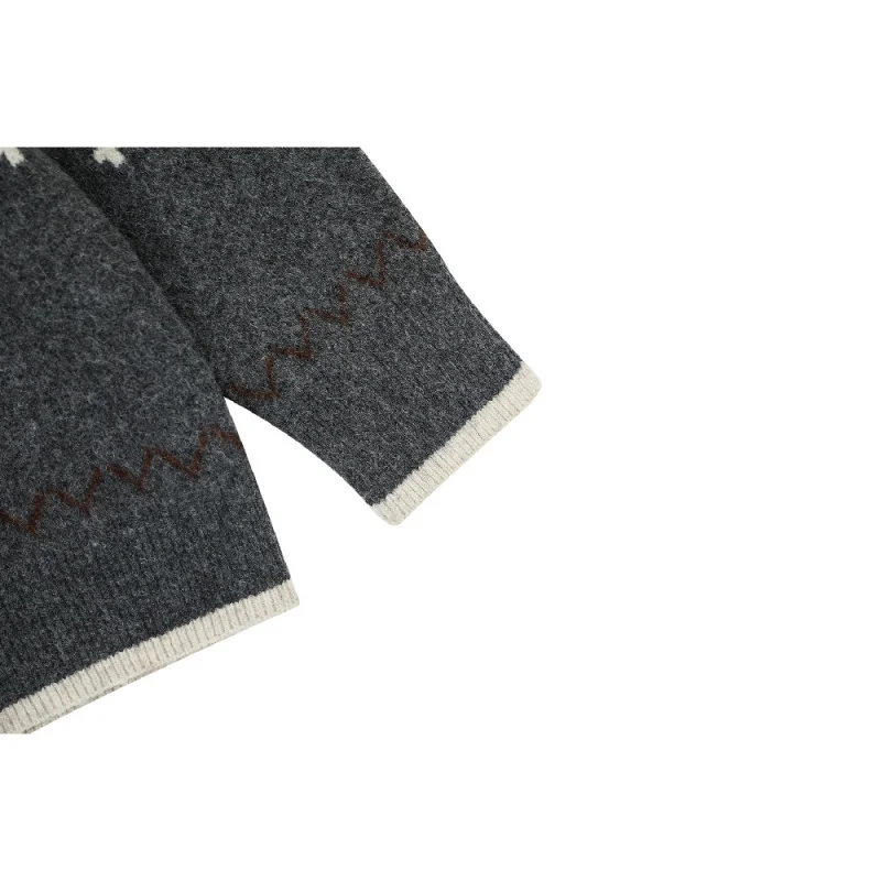 Men's Gray Fair Isle Knit Sweater, 2025 Autumn New Warm Thermal Button-Down Casual Outerwear