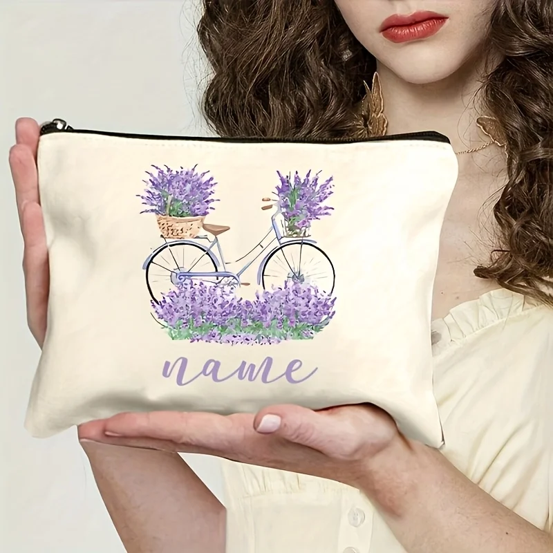 Customizable Lavender Bicycle Floral Makeup Bag Suitable for Women, Zippered Travel Organizer Cosmetic Pouch Durable Zipper Bag