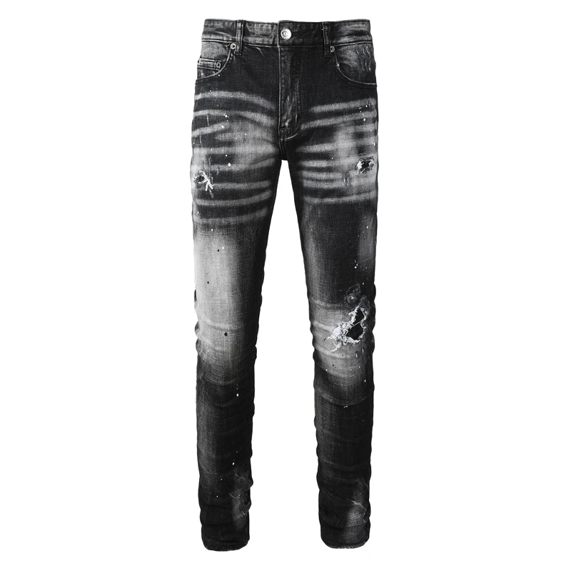 

Модные новые мужские джинсы, окрашенные, с эффектом потертости, винтажные, эластичные, зауженные, черные джинсы с перфорацией, бренд в стиле хип-хоп.
