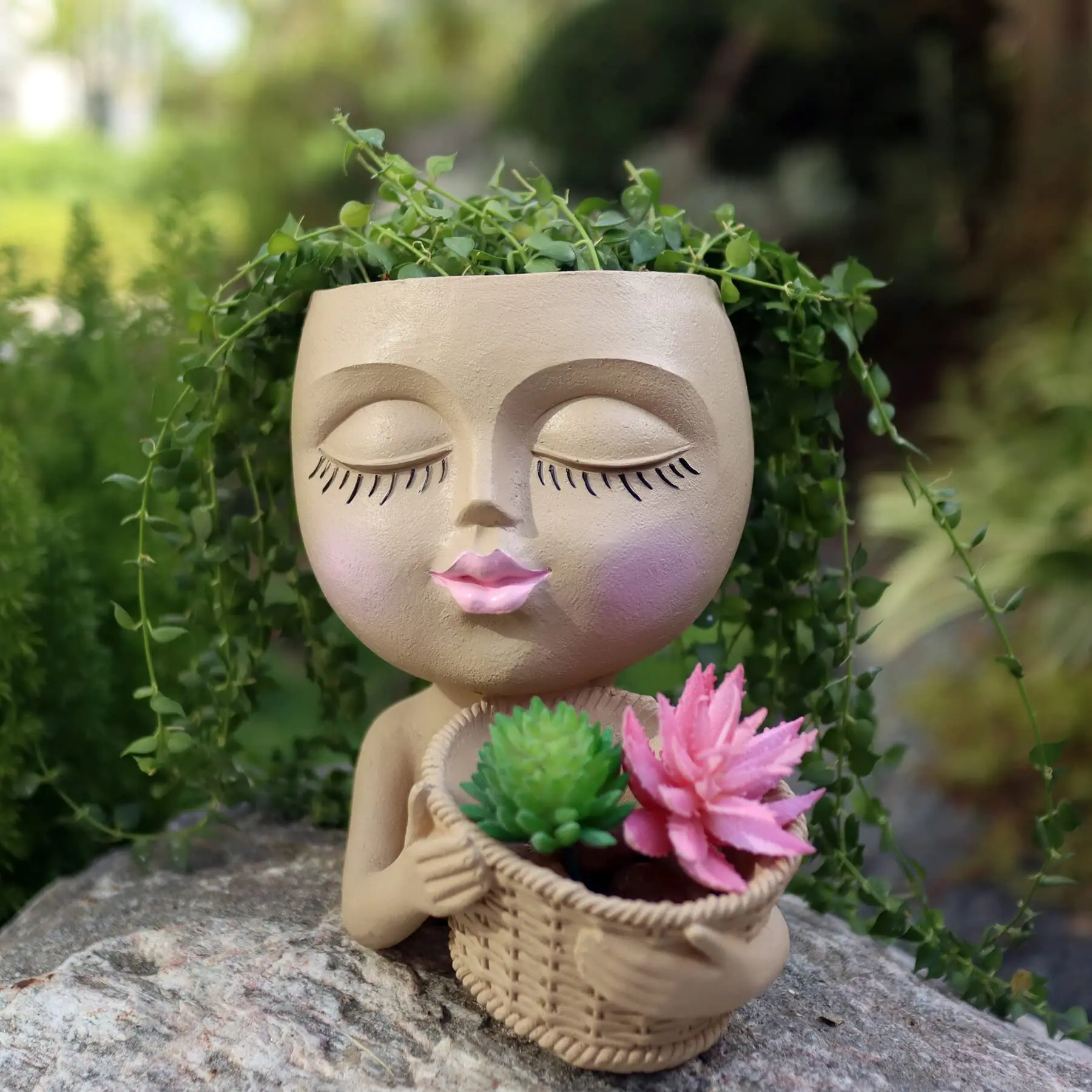 Face Flower Pot Succulent Plant Resin Head Flower Pot with Drainage Hole Cute Figure Garden Decor Tabletop Ornament Home Decor