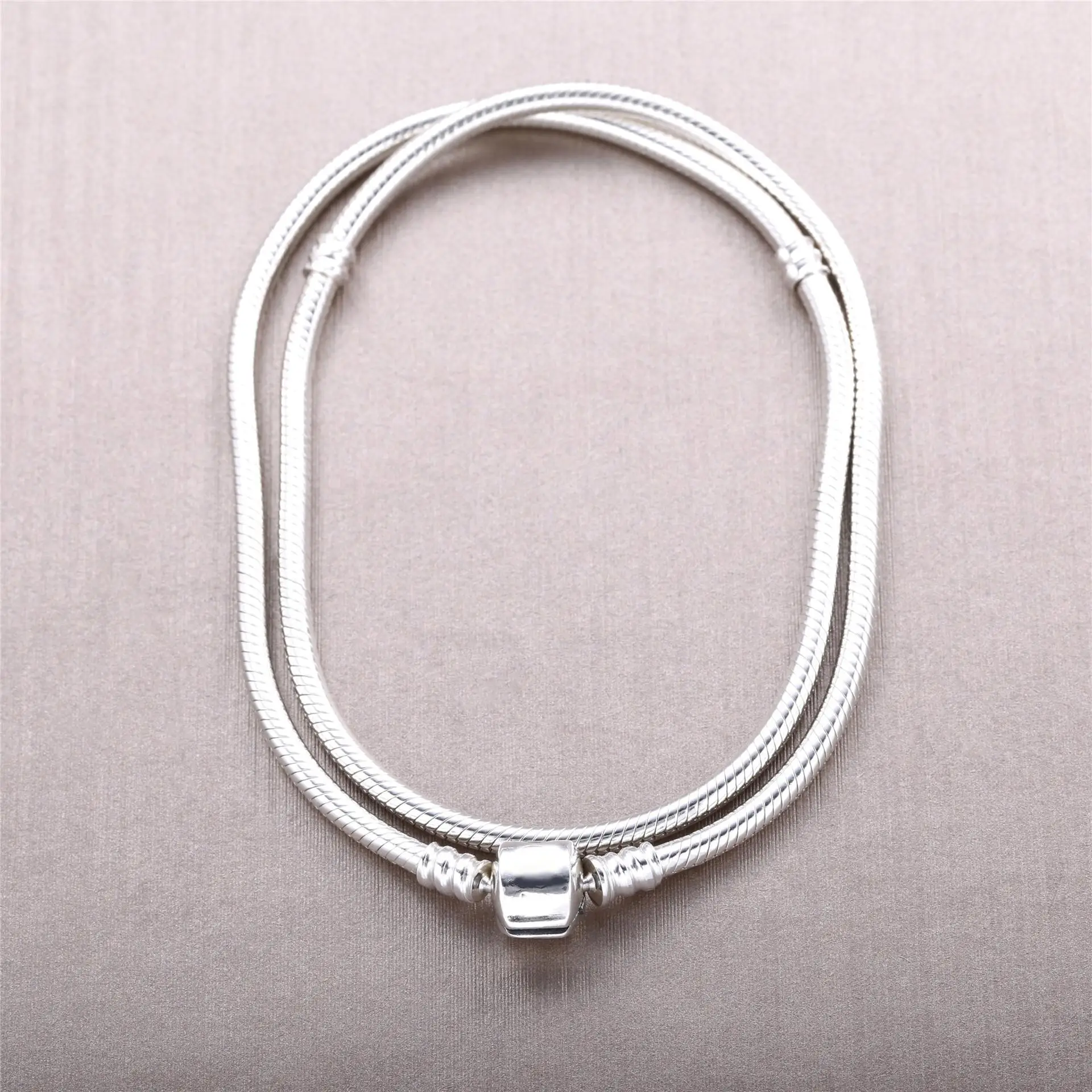 Original 925 Sterling Silver Moments Lobster Ball Clasp Smooth Snake Chain pan   Necklace For Women Wedding Gift Jewelry