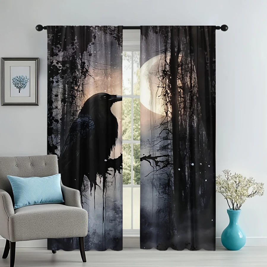 2PCS Digital Printed Curtains, Ink Wash Crow on Branch Moon Misty Forest, Dark Artistic Gothic Woodland Window Decor Bedroom