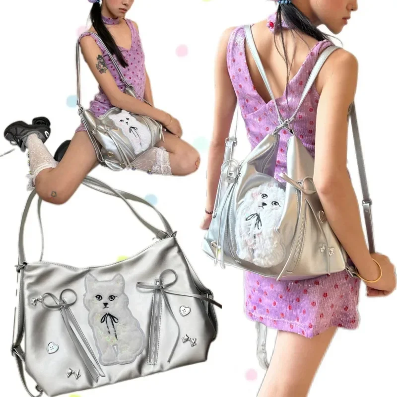 

Bow Shaped Cat Tote Bag Y2K Underarm Bag PU Shoulder Bag Female Backpack Cat Rabbit Fun Sweet Cool Large Capacity Tote Bag New