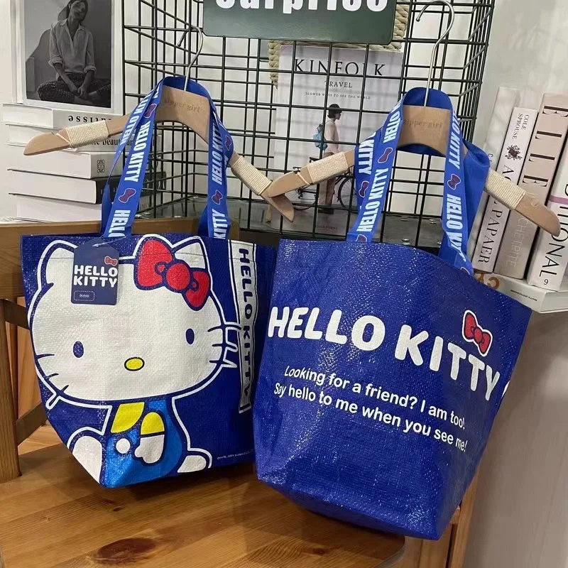 Kawaii Hello Kitty Klein Blue Kitten Carry Shopping Bag Anime Sanrio Girl's Heart Cute Large Capacity Woven Bag Shoulder Bag