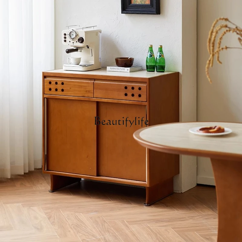 

Side cabinet retro solid wood travertine rock slab tea table locker French