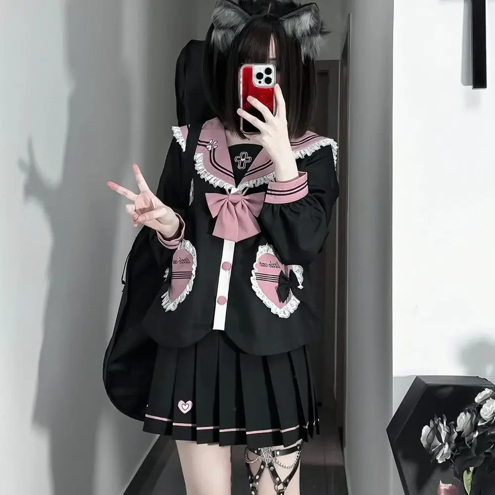 Conjunto de 3 piezas con lazo de gato para mujer, uniformes escolares estilo Harajuku japonés, falda plisada, traje de marinero JK Kawaii, color negro y rosa