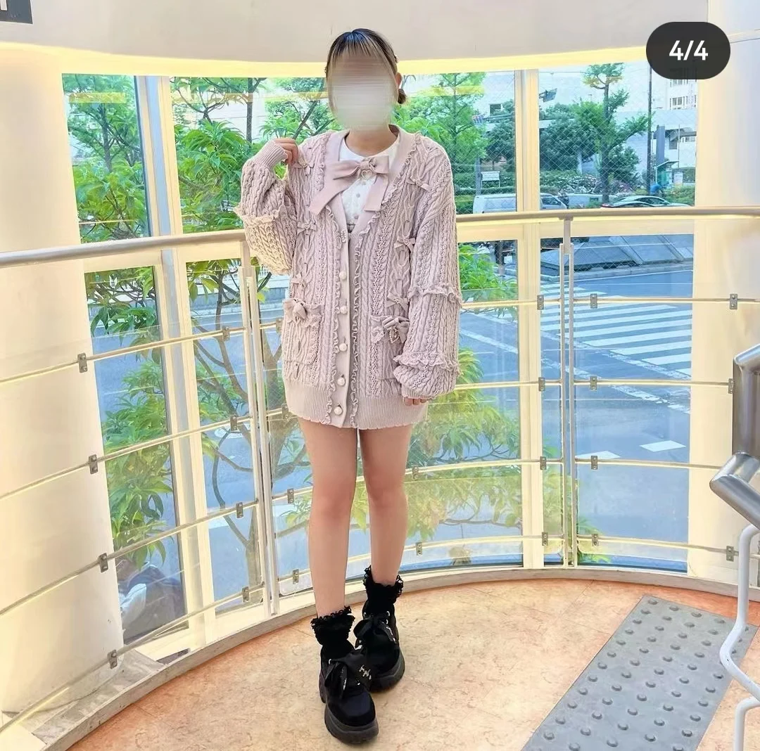 Japanese Ribbon Bow Hollow Out Oversized Knitted Cardigan Autumn Winter Women Lolita Pearl Drill Buckle Loose Sweater Coat