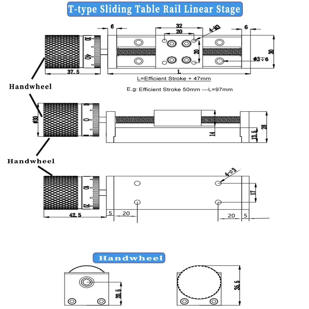 T-type Mini Sliding Table 50~300mm Stroke Linear Rail Actuator 1/2/4/6/12 Lead Pitch Scale Handwheel Manual Slide Stage For CNC