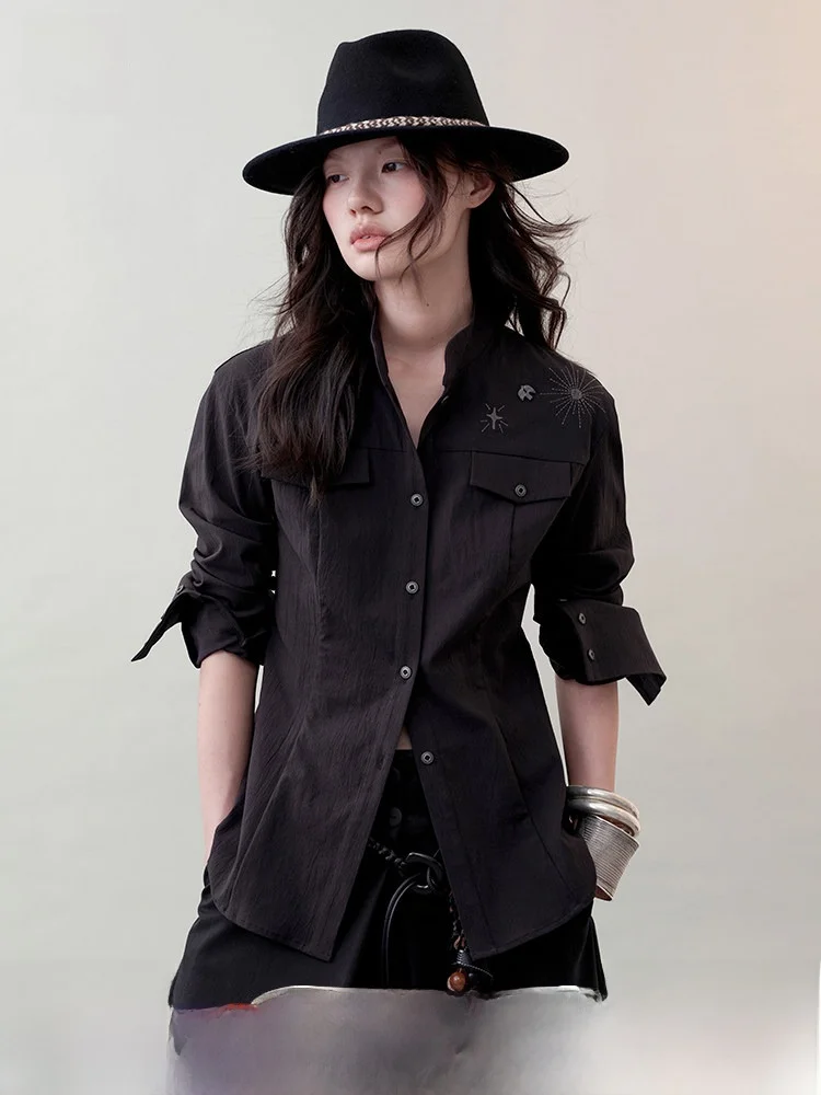 

Elegant Long Sleeve Embroidered Shirt Women's Slim Fit Casual Style Cotton Polyester Blend Collar Fashionable Top