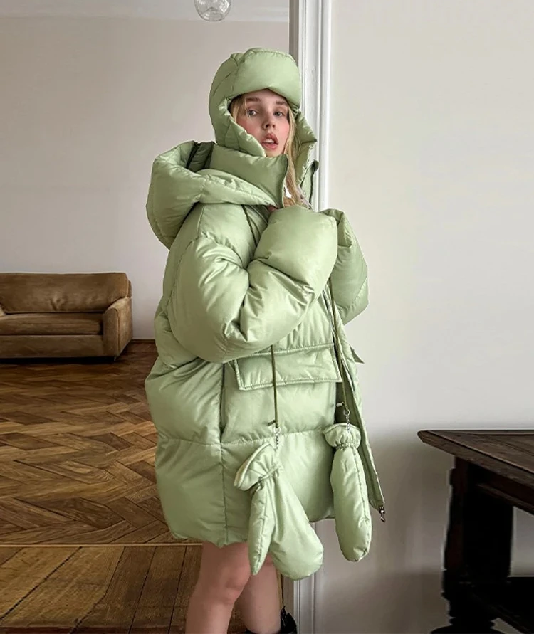 

Women's Oversized Quilted Jacket With Hooded Fashion Stand Collar Long Sleeve Zipper Pocket Coat