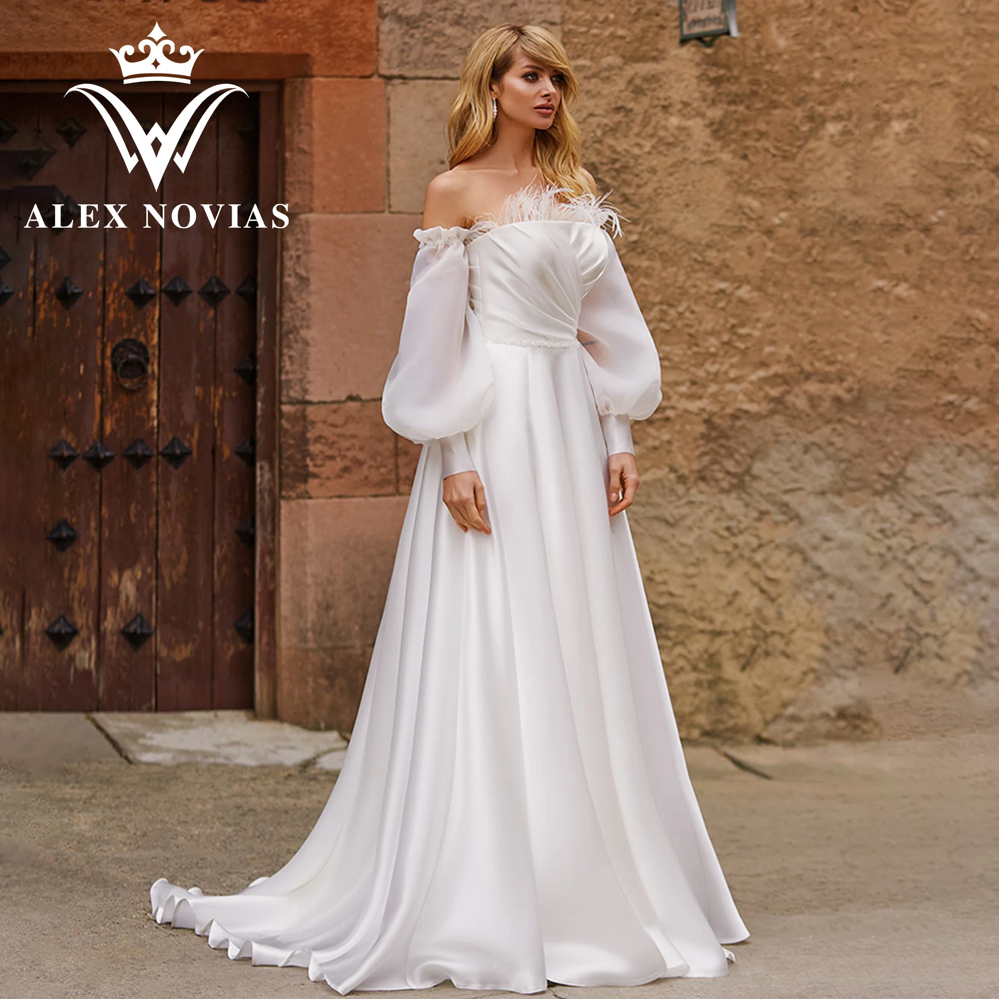 

ALEX NOVIAS A-Line Puff Sleeve Wedding Dress High Quality 2023 Vintage Boat Neck Feathers Chiffon Satin Dress Vestidos De Novia