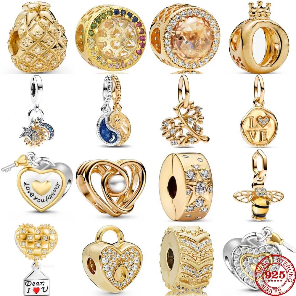 2024 New 925 Sterling Silver Star Moon Love Lock Bee Gold Charms Beads Fit Original Pendant Bracelet DIY Fashion Woman Jewelry