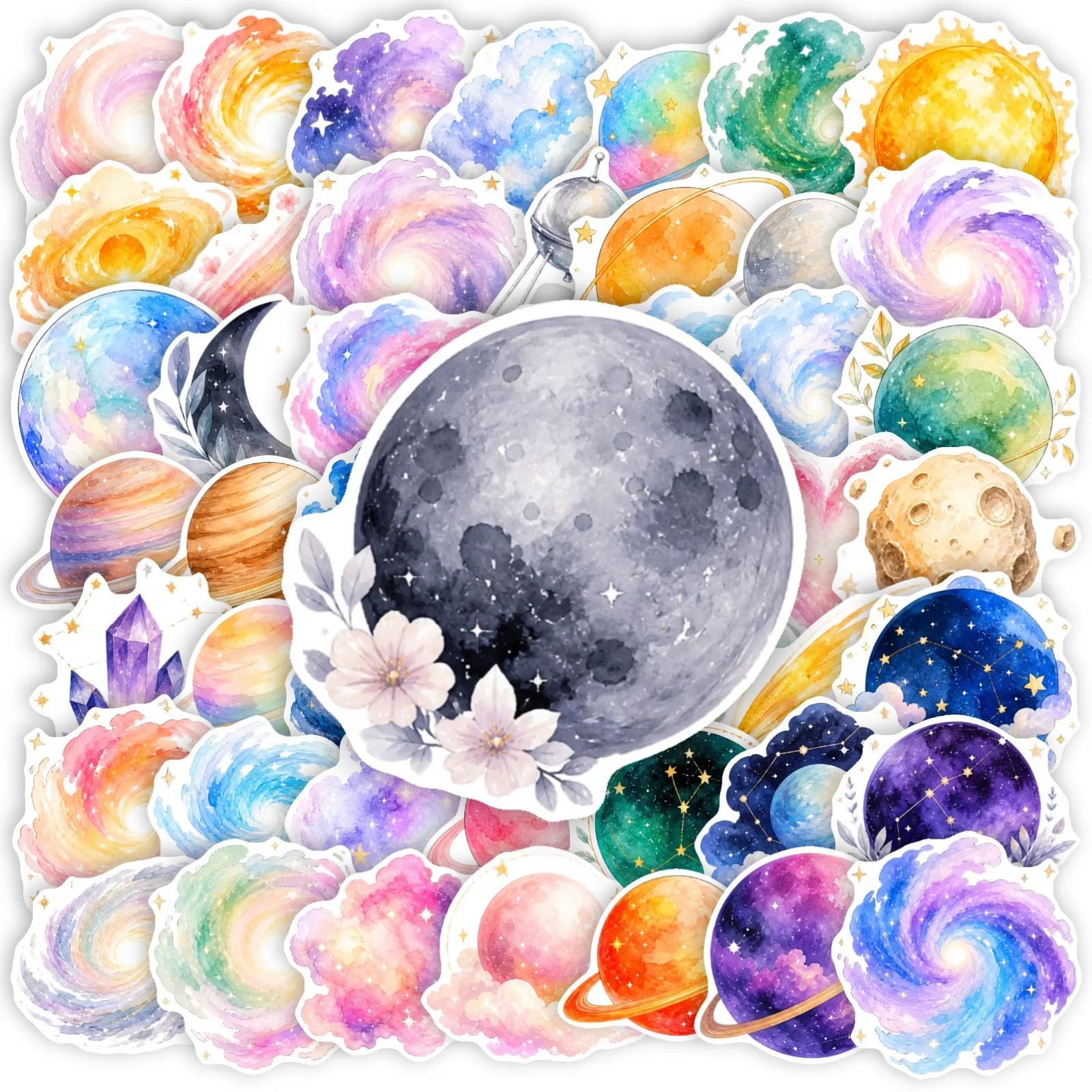 50 PCS Watercolor Universe Planet Stickers Dreamy Nebula Galaxy Planet Decals Student DIY Hand Account Material Waterproof Decal