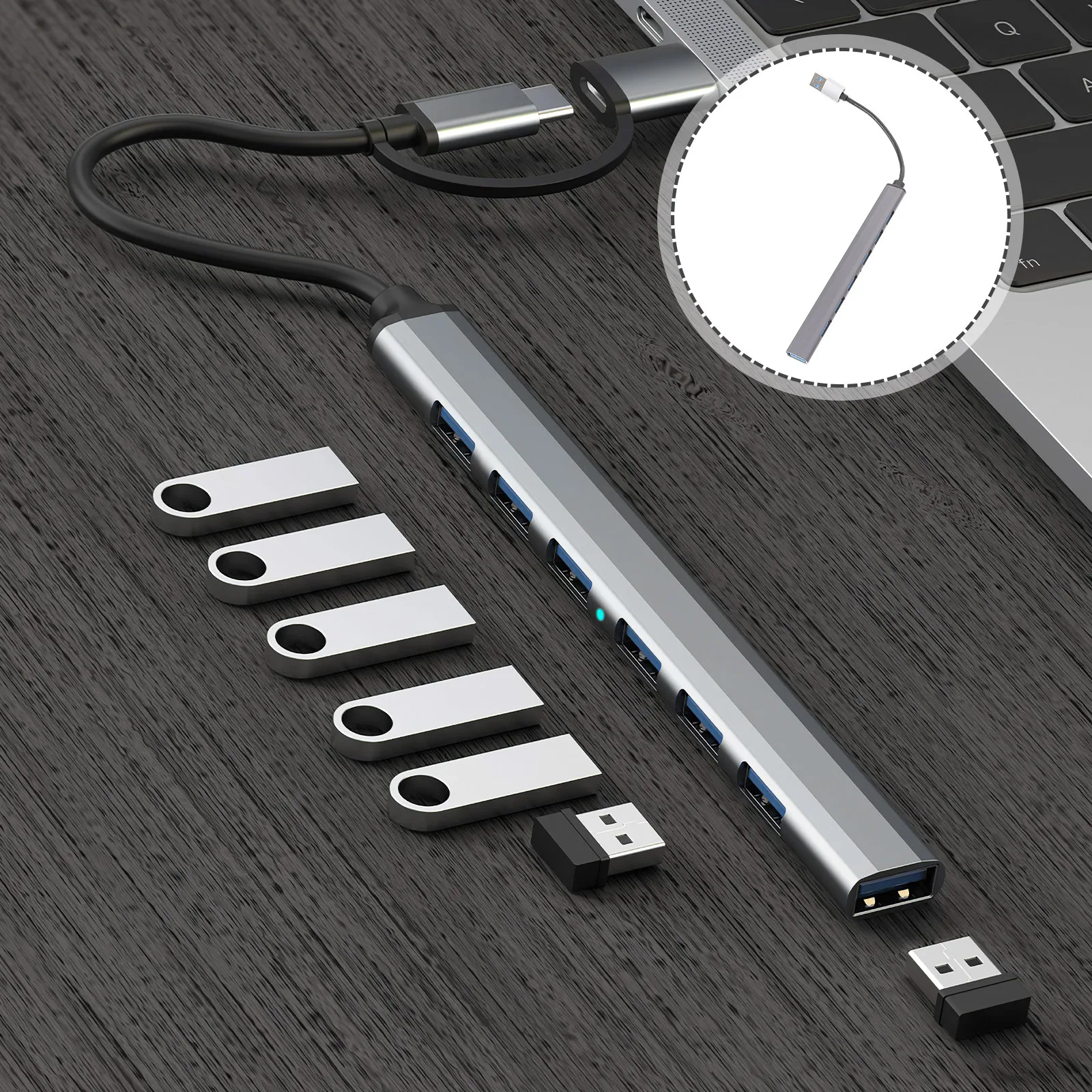 7-Port USB Hub Aluminum Alloy USB Port Expander for Laptop Computer Hd Movie Transfer No Driver Required Built-in Safety Chip