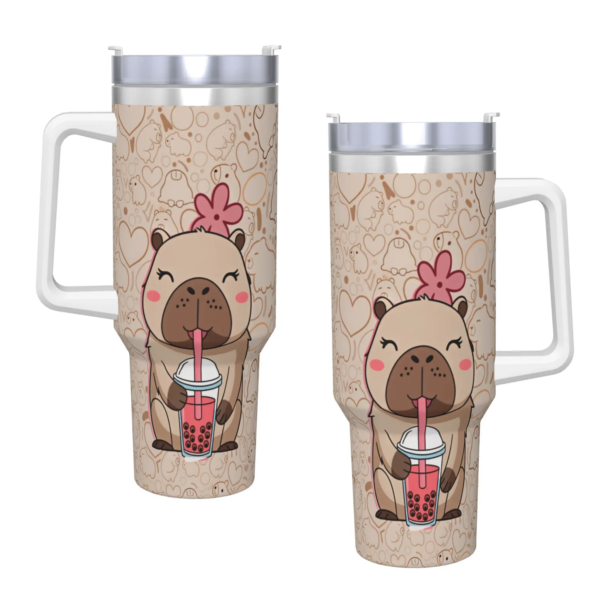 Stainless Steel Tumbler Flower Capybara Drinking Boba Tea Capybara Silhouette Heart Background Cartoon Coffee Mug Drink Car Mugs